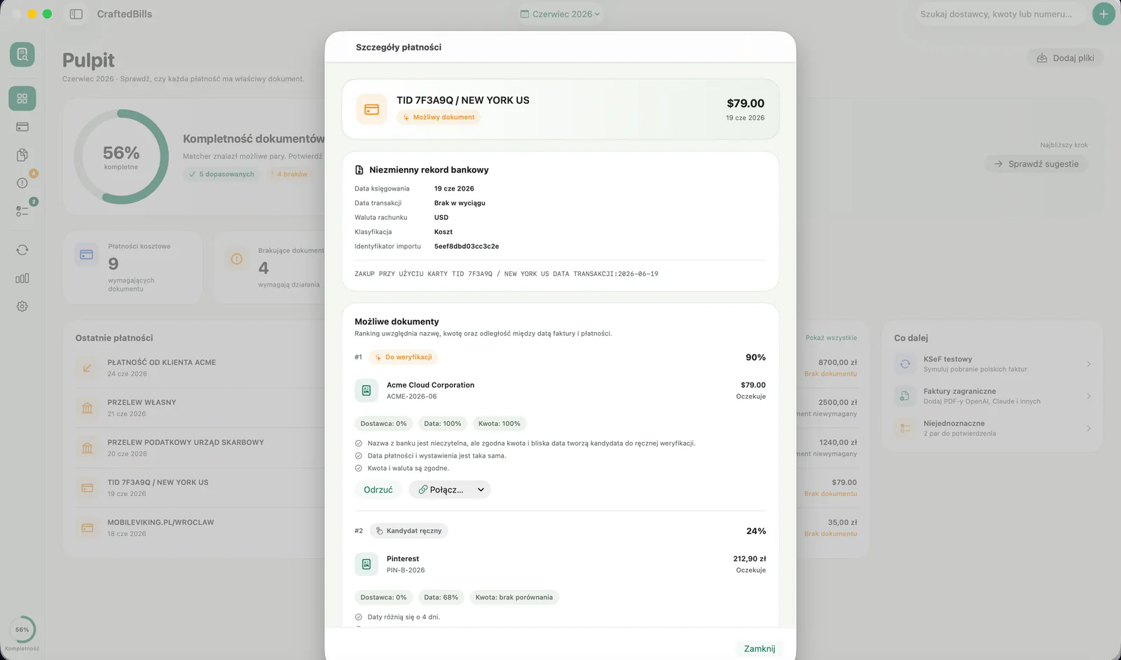 Payment and document matching platform for small businesses