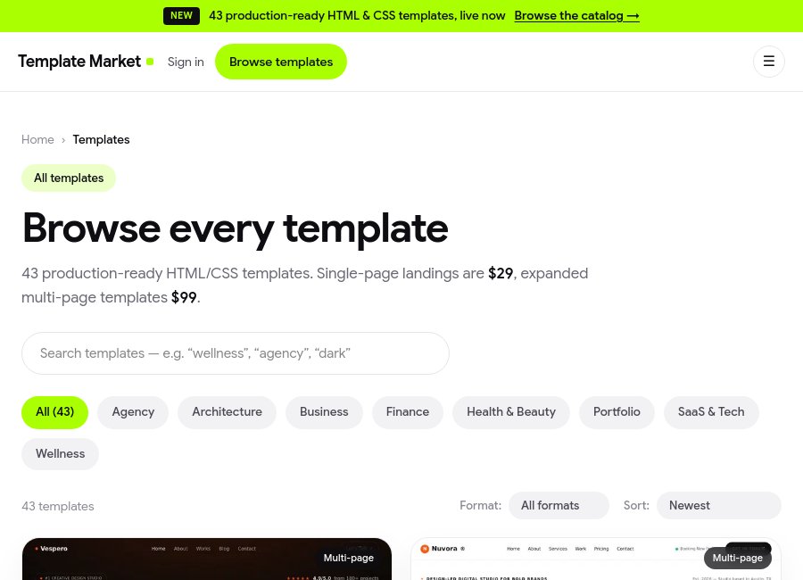 E-commerce platform for selling website templates